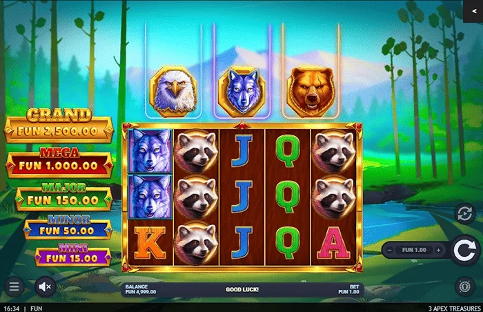 3 Apex Treasures – pagrindinis žaidimo ekranas su 5x3 būgnais